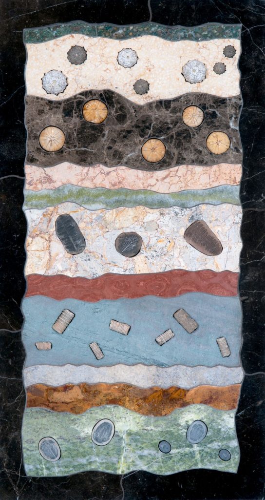 15.5" x 29”, 2016  Slabs of: pebble conglomerate, limestone, marble, travertine, conglomeritic marble, stromatolitic jasper, slate, onyx; Fossils: sea urchins/echinoderms (White – Campanian Phymosoma sp., Black – Unknown sp.),  sand dollars (Clypeasteroid sp. ),  ferns (Alethopteris sp. ),  crinoid stems (Scyphocrinites sp. ),  trilobites (Elrathia kingii) 