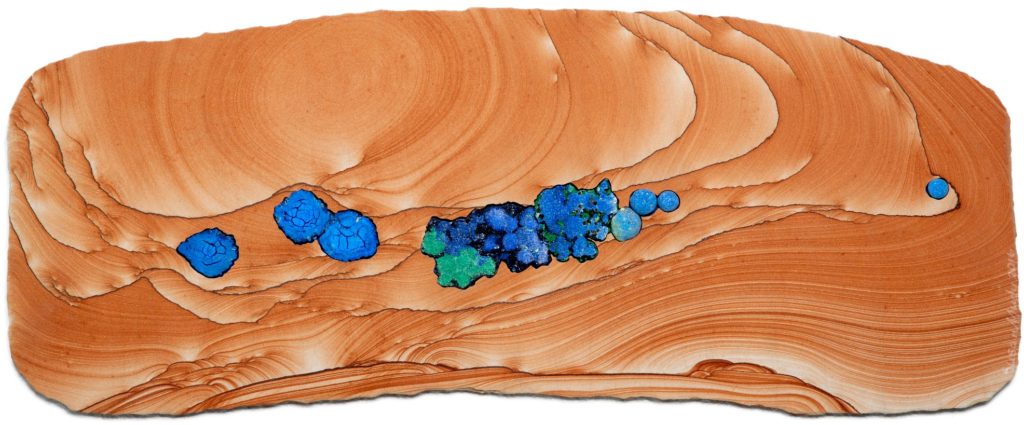 23" x 9”, 2016  Kanab sandstone, azurite concretions, azurite & malachite crystal clusters, azurite “blueberries”  