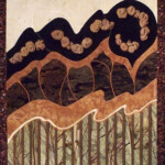 Barite Banner <br>
27" x 32", 2008 <br> Fossiliferous limestone, amphibolite, barite rosettes, marble, mahogany obsidian, sandstone, red tiger eye A quilt with trees and mountains in the background.