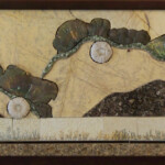 Subtle Secrets <br>
31" x 11.5", 2010 <br>
Marble, granite, dendrites, turitella agate, pyrite suns, fossilized sea urchins, snowflake epidote A picture of the artwork in the frame.
