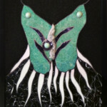 Wings IV: Cthulu <br>
15" x 18", 2012 <br> Apophyllite crystals, variscite spheres, amethyst crystals, tiffany stone, amazonite, white marble, black gabbro, black & white marble A green butterfly with white feathers on it's wings.