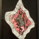 Form Study I: Botroydal Hematite <br>
16" x 21.5", 2008 Amphibolite, Devonian fossil coral, rhodonite, botroydal hematite A painting of a leaf with pink and white colors.