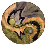 Meanderings <br>
24" diameter, 2010 <br>
Quartzite, lepidolite, sodalite, alabaster, rhyolite; spheres of serpentine, blue lace agate; tumbled prehnite, amethyst. A circular painting of leaves and rocks.