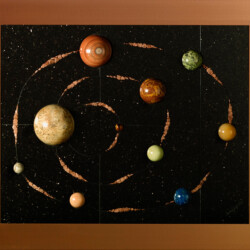 A painting of the solar system with planets in it.