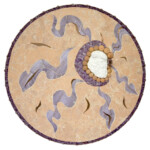 Stone Shield IV: Beneath the Crust <br>
26" diameter, 2006 <br> Marble, Burro Creek agate, copper sheet, copper assay plugs, tumbled amethyst, apophyllite crystals, amethyst crystal A circular mosaic with purple and brown shapes.
