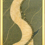 Sun Study IV: Echoes <br>
13" x 37", 2004<br>
Granite, onyx, amphibolite, pyrite suns, labradorite spheres, leopard jasper, pyrite concretions, pyrite w/calcite, goethite, epidote crystals A painting of a river with green and white water