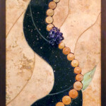 When Copper Met Fluorite<br>
13" x 37”, 2013 <br>
Travertine, gabbro, opalized fluorite, lepidolite, fuchsitic chert, copper nuggets, sunstone sphere, crystals of amethyst and creedite; malachite drusy A painting of a black and brown design with purple grapes.