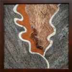 Cleavage II - The Beckoning <br>
13" x 13", 2013 <br>
Granite, stromatolite, marble; crystals of calcite A picture of the bottom part of a tree.