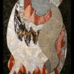 Sun Study V: Chevron Fire <br>
15.5" x 26.75", 2013 <br>
Granite, tremolite, red jasper (snakeskin & mookaite), marble, breccias; pyrite suns, crenulated mudstone A mosaic of an owl with red and brown feathers.