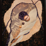 Core of the Cocoon Revisited <br>
19" x 26.125", 2014 <br>
Granite, travertine, printstone, sandstone, opalized fluorite; amethyst crystals; spheres of carnelian, mookaite, carnelian; tumbled amethyst A leaf with some stones on it