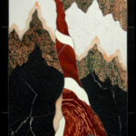 Fire in the Mountain <br>
17.06" x 35.25", 2014
<br>
Marble, alabaster, metasomatite, red jasper, lemon chrysoprase, brecciated red jasper, sphere of bloodstone A painting of mountains with a red and white striped pole.