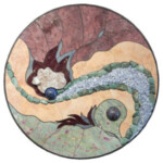 Meanderings Anew <br>
24" diameter, 2015 <br>
Dumortierite, quartzite, piemontite, travertine, fuschite with rubies, apophyllite crystal, spheres of lapis lazuli and kyanite and ruby, tumbled fuchsitic chert and blue lace agate A circular mosaic of a dragon and other animals.
