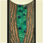 Secret Falls <br>
9.25" x 16.5", 2015 <br>
Slate, granite, marble, chrysocolla/malachite/azurite; spheres of lapis lazuli A green leaf with blue beads on it.