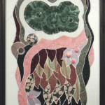 Seraphinite Celebration <br>
17.5"x 26", 2015 <br>
Seraphinite celebration, marble, jade with thulite, rhodonite, piemontite, lepidolite, banded jasper, aventurine, porphyritic diorite, spheres of porphyritic diorite, mookaite, rhodochrosite, specimens of smithsonite, quartz druzy, cobalto calcite A painting of leaves and flowers in a frame.