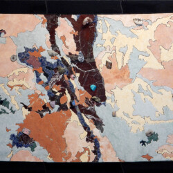 Colorado Geologic Map in Stone
34" x 27", 2016
Stone: limestone, travertine, marble, sodalite syenite, aventurine
Specimens: beetle, brachiopod, oredont teeth, baculites, scaphites, portheus fish vertebrae, fluorite with amethyst, rhodonite, lepidolite, pyrite, rhodochrosite, epidote, molybdenum in quartz, hematite in quartz, amazonite with smoky quartz, gold ore (calaverite), petrified wood, selenite A geologic map of Colorado created with different colored stones