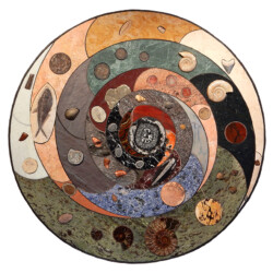 A circular painting of various fish and shells.