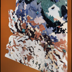 Arizona Geologic Map in Stone
34.25" x 39.625", 2016
Stone: limestone, marble, quartzite, sodalite syenite
Specimens: cyanotrichite, coal, garnet, gold ore in matrix, turquoise, chrysocolla, iron meteorite, Cortez gold, wulfenite, wulfenite with mimetite & barite, amethyst, silver ore in matrix, native copper, peridot, azurite & malachite, ajoite, bornite, gypsum, campbellite, crinoid, petrified wood, brachiopod, bony armor A geologic map of Arizona created with different colored stones