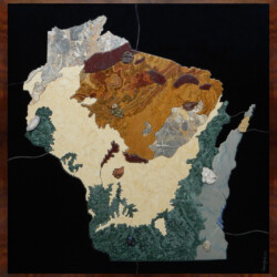 Wisconsin Geologic Map in Stone
24" x 25", 2016
Stone: conglomerate, marble, onyx, limestone, quartzite, sodalite syenite
Specimens: botryoidal hematite, banded agate, chalcopyrite, quartz with hematite, druzy quartz, dolomite crystals, galena, calcite,
silurian coral A geologic map of Wisconsin created out of different colored stones.