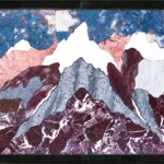 The Grand Teton: Purple Mountain Majesty <br>
48" x 17", 2016 <br>
Lepidolite, white marble, pink marble, grey marble, piemontite, phyllite, microgabbro A picture of the mountains in front of the sky.