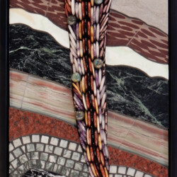 A painting of a colorful feather on the side of a wall.
