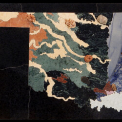 Oklahoma Geologic Map in Stone
33" x 17.5", 2016
Stone: limestone, marble, quartzite, sodalite syenite, travertine, granite, rhodonite;
Specimens: galena with sphalerite, bornite & calcite, quartz crystals, barite rosette, Woodford shale, selenite, agatized wood, trilobite, crinoid stem, brachiopod, reptilian jawbone A geologic map of Oklahoma created with different colored stones