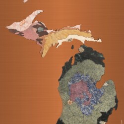 Michigan Geologic Map in Stone
23.75” x 27.25”, 2017
Stone: dumortierite, syenite sodalite, marble, limestone, rhodonite, travertine
Specimens: copper, datolite, specular hematite, Petoskey stone, honesite, red gypsum, celestine, chain coral A geologic map of Michigan created with different colored stones and copper