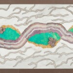 River of Light<br>
32.5" x 22", 2017 <br>
Amethyst, amazonite, rubies, marble, slate; tumbled yellow calcite; Amethyst is illuminated from below with LED A painting of a river with green water.