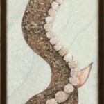 Turritella Flow<br>
13.5" x 37.75", 2017 <br>
Slabs of: Turritella jasper, marble, fuchsitic chert, orange alabaster, palm wood <br>
Minerals: gypsum rosettes, ferruginous quartz <br>
Spheres: banded iron, petrified wood A picture of a snake made out of shells.