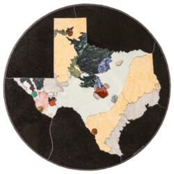 Texas Geologic Map in Stone
26.75″ diameter, 2017
Stone: travertine, limestone, marble, sodalite syenite, red jasper, gabbro
Specimens: flint, chrysocolla & malachite, pyrite, moss agate, celestite, fossilized dolomite, topaz, shark’s tooth, gastropod, petrified palm A geologic map of Texas created with different colored stones.