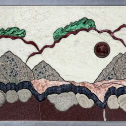A painting of mountains with trees and a coin