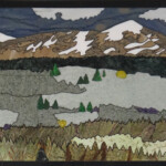 Pintler Mountains<br>
59.75” x 19.75”, 2019 <br>
Minerals: Uvarovite, Perm Krai, Ural Mountains, Russia; Grape agate, Mamuju, Suldwesi Island, Indonesia; Brucite, Killa Saifullah, Balochistan, Pakistan <br>
Slabs: Marble, migmatite granite, brecciated limestone, serpentinite marble, epidote gneiss, porphyritic basalt, nikeloan magnesite A painting of a lake with mountains in the background.