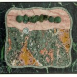 Awoken Discovery <br>
13.25“ x 14.5“ x 2”, 2023 <br>
Marble, granite, orbicular jasper; prehnite, epidote crystals; chalcedony concretion A green and brown piece of art with buttons on it.