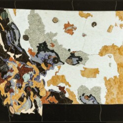 Montana Geologic Map in Stone
37 3/16” x 22 3/4”, 2018
Stone: Gabbro, marble, blue quartzite, sodalite syenite, granite, limestone
Specimens: Parasite, tetrahedrite, covellite & pyrite, cleavelandite, amethyst scepter, calcite, PGM ore, dry head agate, Montana moss agate, Yogo sapphired, laminar stromatolite, trilobites, Metasequoia occidentalis, brachiopods, Thescelosaurus sp. (toe bone), fossil turtle claw, baculites, Scaphites sp. ,Hypacrosaurus sp. (dinosaur bone), Maiasaura sp. (dinosaur egg shells) A geologic map of Montana created with different colored stones