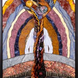 A stained glass window of an abstract design.