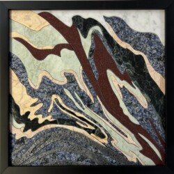 A painting of a mountain range with red and black swirls.