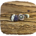 Pocket XXVIII: Delicate Harmony <br>
9.75” x 11.25” x 1.75”, 2023 <br>
Liesegang banded (Kanab) sandstone; apophyllite, grape agates, amethyst, rosasite A close up of the wood grain on a rock