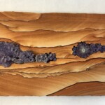 Pocket XVIII: Opuntia Violacea <br> 7.88” x 14.5” x X”, 2021 <br>
Liesegang banded (Kanab) sandstone; grape agates, amethyst stalactite, amethyst sphere A piece of wood with some purple and white rocks on it