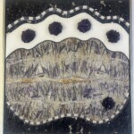 Sagenite Garden <br> 14.25”x 13.25”, 2024<br>
Lepidolite, stalactitic quartz, marble, amethyst crystals, sagenitic fluorite A black and white painting of an animal.