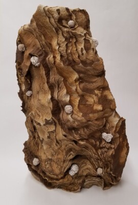 Wonderment In The Wild <br> 20 1/2" x 13" x 7", 2019 <br> Liesgang banded (Kanab) sandstone, drilled & pinned selenite crystals; Weight: 97 pounds A piece of wood with rocks on it