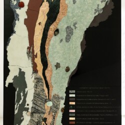 Vermont Geologic Map in Stone
41.375” x 25.75” x 2”,2023
Stone: Biotite granite, marble, slate, travertine, serpentinite, rhodonite, gneiss, sodalite syenite, gabbro
Specimens: Microcline feldspar, quartz, muscovite; Grossular garnet on diopside; Vesuvianite; Epidote; Jasper; Pyrite on phyllite; Concretion; Chalcopyrite; Quartz (4); Muscovite mica schist with almandine garnets; Talc; Calcite over dolomite on calcite; Pyrite; Magnetite in chlorite schist; Cheshire quartzite; Drusy quartz on serpentinite; Drusy quartz on chrysoprase A stone geologic map of Vermont with different colored rocks