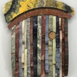 Waves XVI: Arch of Knowledge <br> 10" x 7 1/2" x 2", 2019 <br> Slabs: banded arsenic calcite, travertine, marble, jasper, dumortierite quartzite, alabaster, nickeloan magnesite, dumortierite, sodalite, lepidolite, banded iron; pyrite beads, copper button A piece of art made from various materials.