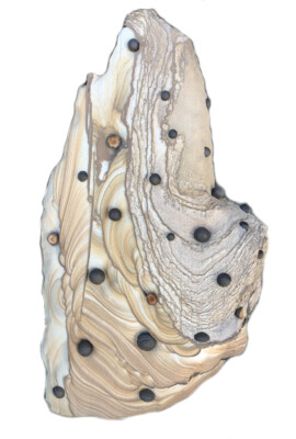 Moqui Memorial Sculpture<br>
54" x 36" x 18," 2018 <br>
Kanab sandstone, iron concretions "Moqui Marbles" A painting of a tree trunk with holes in it.