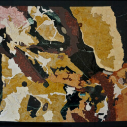 Wyoming Geologic Map in Stone
33.5” x 26.75”, 2018
Stone: limestone, marble, granite, green serpentinite, quartzite, sodalite syenite
Specimens: Variscite, nephrite jade, lysite agate, chrysocolla and cuprite, youngite, Teepee Canyon agate, red ammolite, star crinoid, petrified palm wood, Knightia sp., Elimia tenera (“turitella), dinosaur bone, horse jaw fossil, belemnite A geologic map of Wyoming created with different colored stones.