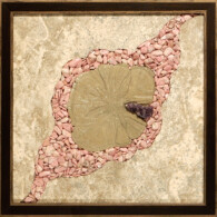 Earth Sampler Series III: Pyrite Sun with Rhodo<br> 13” x 13”, 2014 <br> Travertine, tumbled rhodonite, pyrite concretion (“sun”), amethyst crystal A picture of a leaf and rocks in the shape of a circle.