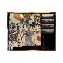 New Mexico Geologic Map in Stone <br>
35" x 44.25" x 2", 2024 (January) <br>
Limestone, marble, jasper, granite, dumortieritic quartzite, sodalite syenite, slate, gabbro; specimens of green spessartine garnet with zoisite, fluorite, chabazite, smithsonite, smokey quartz, turquoise, hematite, wulfenite, Pecos "diamond", arrowhead, and oil shale Stone geologic map of New Mexico