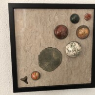 Earth Sampler Series XXVI: Pyrite and Ocean Jasper <br> 13”x 13”, 2021<br> Pyrite concretion, fossilized coral, sharks tooth, ocean jasper A picture of some planets on the wall.