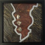 Cleavage IV: On the Shoulders of Giants <br> 10.5” x 10.5” x 1.5”, 2022 <br> Banded iron, slate, onyx, silver cabochons A picture of the bottom part of a painting.