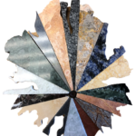 Triangles I: Stellate Stone <br> 11” x 9.5”, 2021 <br> Breccia, syenite, limestone, serpentinite, travertine, stromatolite, marble, phyllite, quartzite A circular image of different colors and shapes.