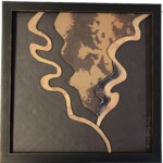 Cleavage V: Muted Passion <br> 12.75” x 12.75”x 1.625”, 2022 <br> Crystal: amethyst
Slabs: slate, travertine, ferruginous silicified shale (printstone) A picture of the bottom of a river with brown water.