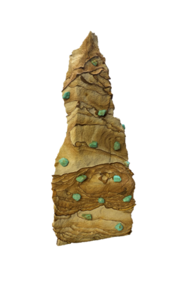 Sculpture IV: Desert Dew – 33” x 16” x 10”, 2023 <br>Liesgang banded (Kanab) sandstone, turquoise nuggets A piece of food with green dots on it.